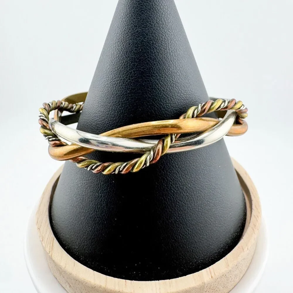 Signed Renee Lepre 925 Copper Brass Cuff Vintage Bracelet Mixed Metal Artisan